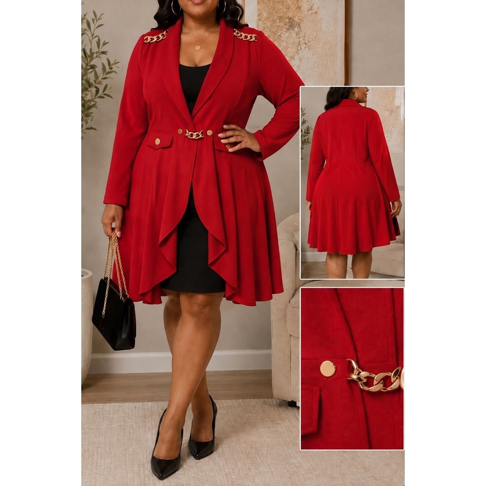 X3 55. Park Avenue 3X Red Gold Chain Waterfall Blazer Jacket Plus Size Statement